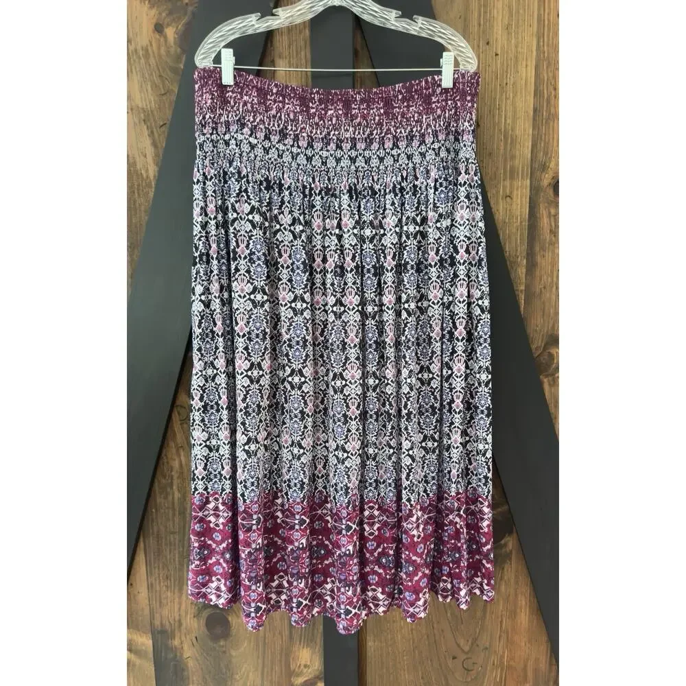 J Jill Smocked Waistband Midi Skirt Purple, Pink, Black Boho Print Silky Size L